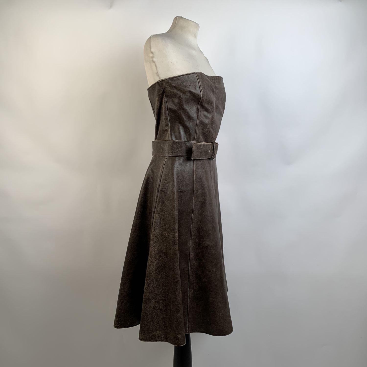 Women's Miu Miu Brown Distressed Leather Bustier Dress Size 44