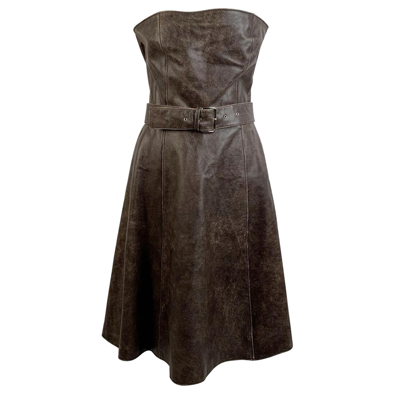 Miu Miu Brown Distressed Leather Bustier Dress Size 44