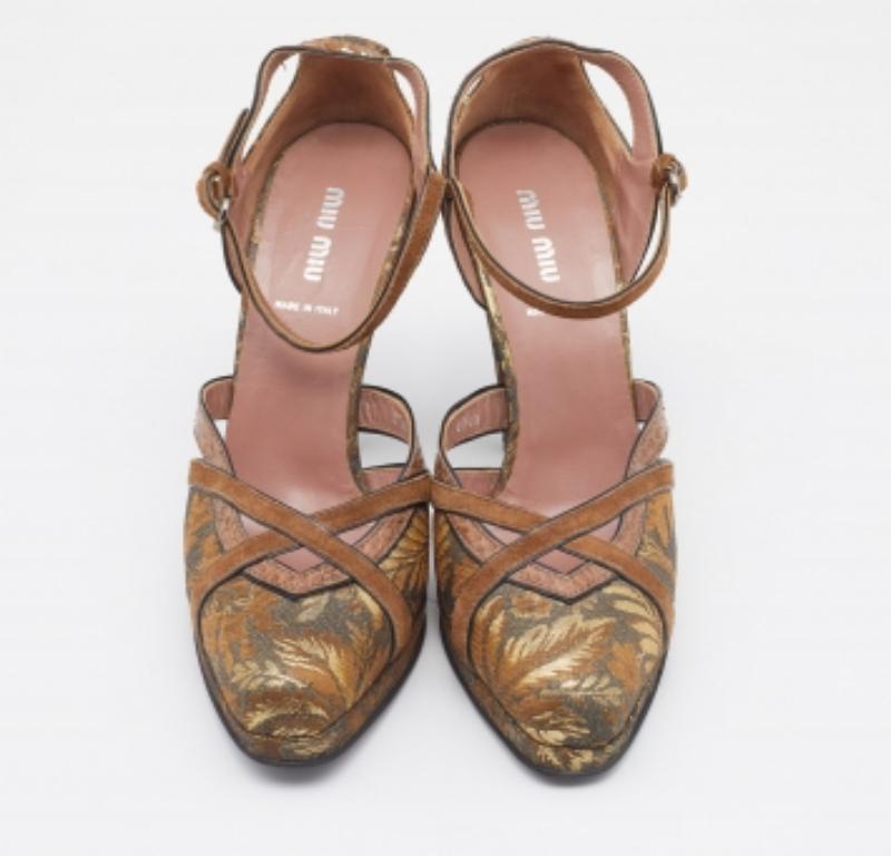 Miu Miu Braun/Gold Brokat Stoff Python Trim D'orsay Riemchenpumps Größe 40 im Angebot 4
