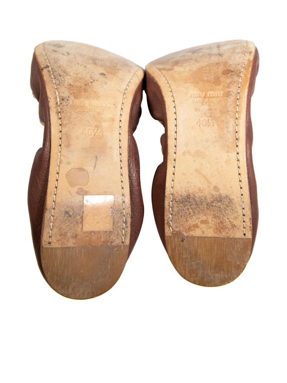 Miu Miu Brown Leather Bow Detail Ballet Flats Size IT 40.5 In Good Condition In London, GB