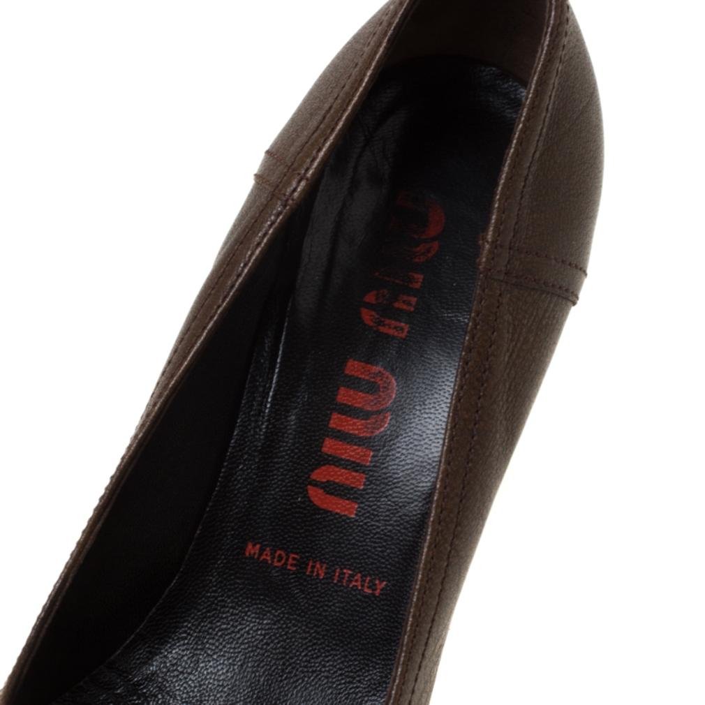 Miu Miu Brown Leather Bow Detail Block Heel Pumps Size 37 2