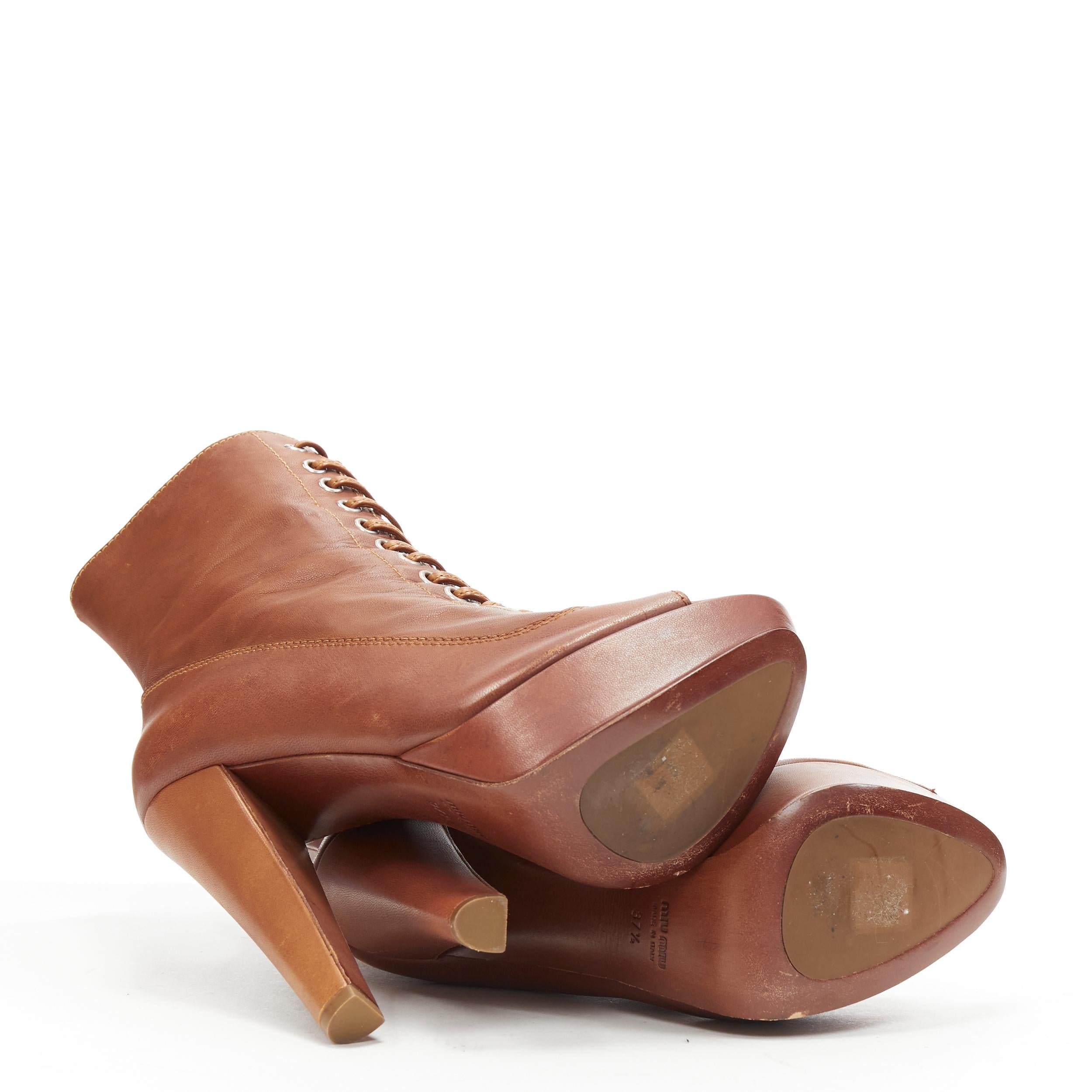 MIU Stiefel mit hohem Absatz aus braunem Leder und Peep Toe EU37,5 1