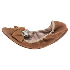 Miu Miu Brown Leather Scrunch Bow Open Toe Ballet Flats Size 40.5