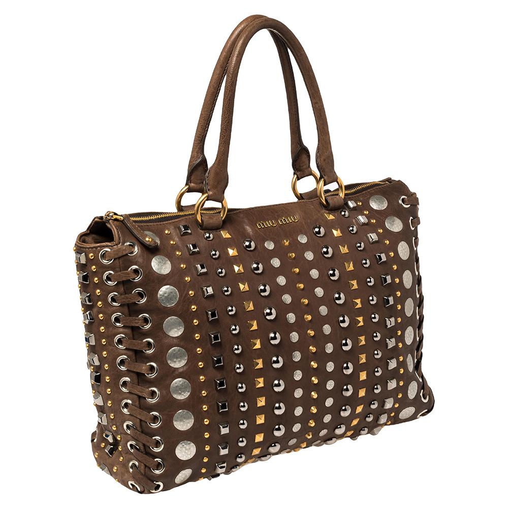 Miu Miu Brown Leather Studded Embellished Monk Tote In Good Condition In Dubai, Al Qouz 2