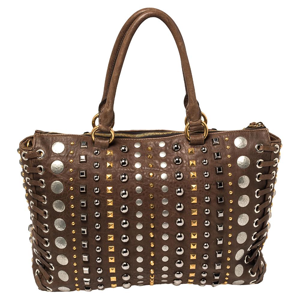 Women's Miu Miu Brown Leather Studded Embellished Monk Tote
