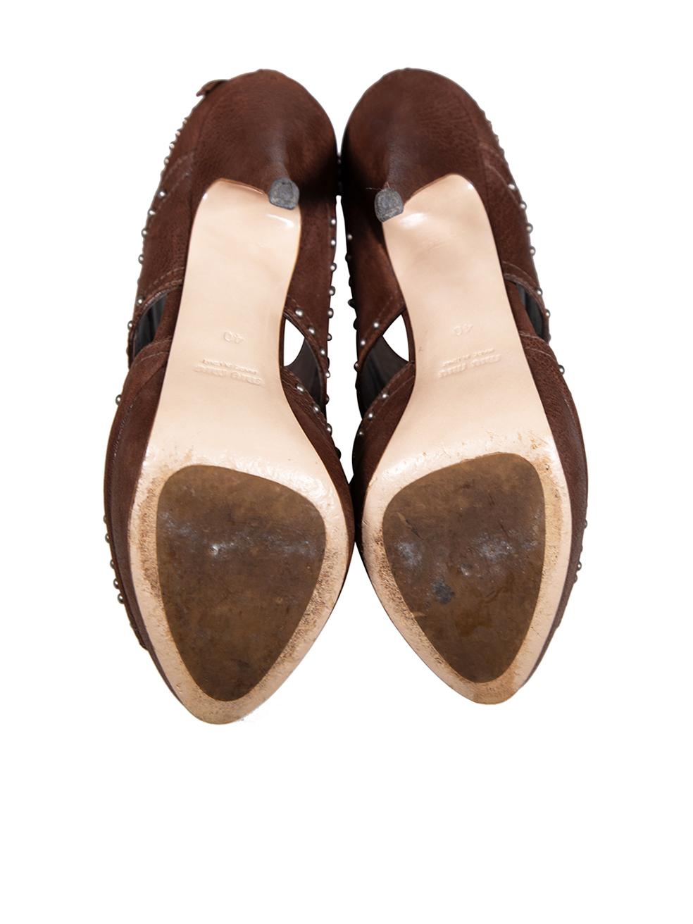 Women's Miu Miu Brown Leather Studded Platform Sandals Size IT 40 For Sale