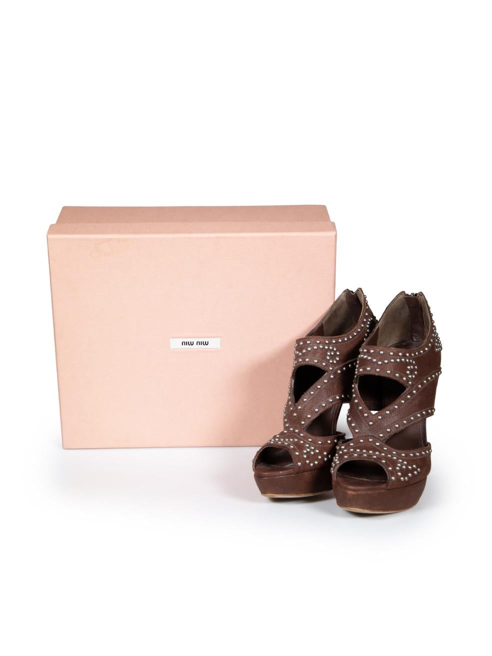 Miu Miu Brown Leather Studded Platform Sandals Size IT 40 For Sale 2