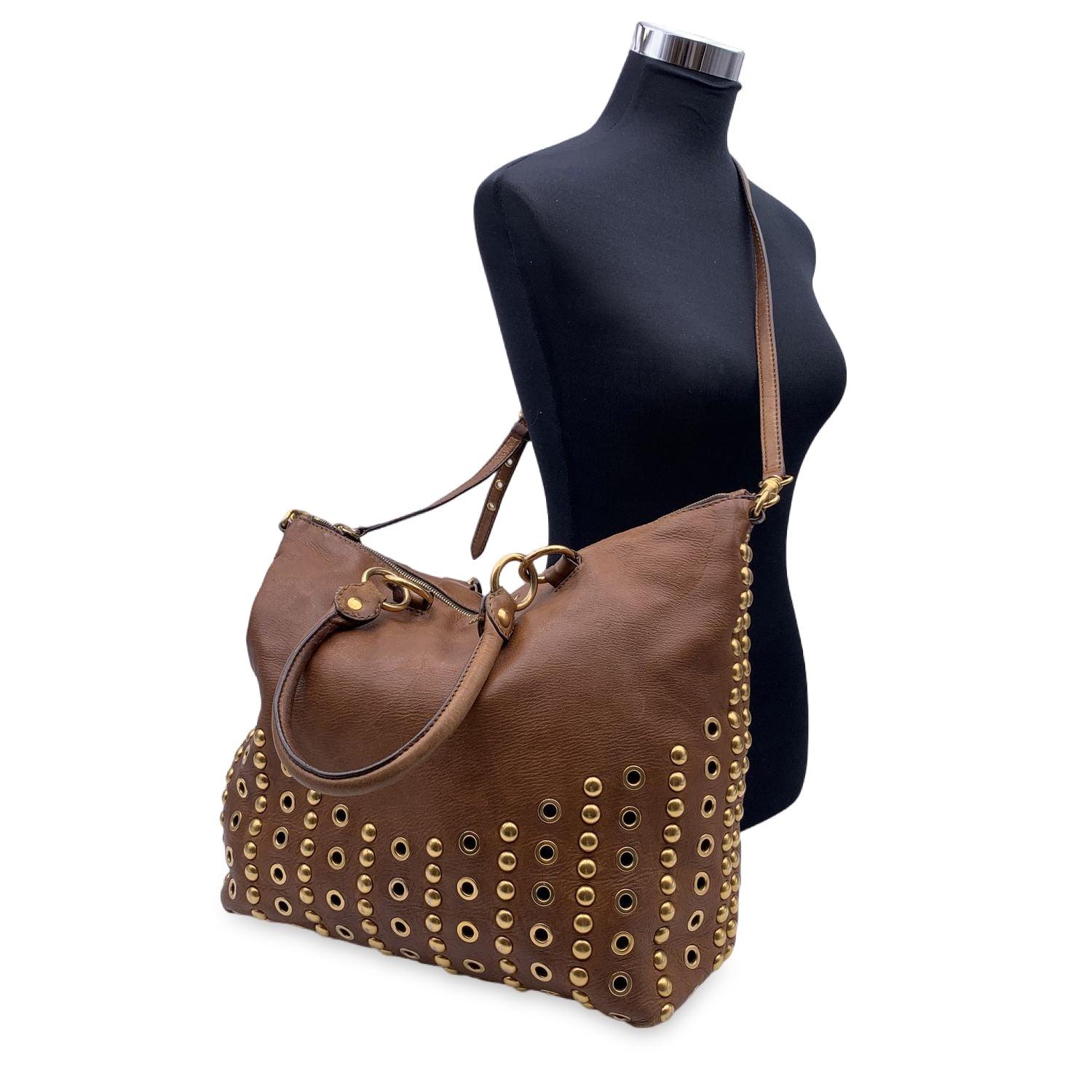 Miu Miu Brown Leather Studded Tote Bag with Shoulder Strap In Good Condition In Rome, Rome