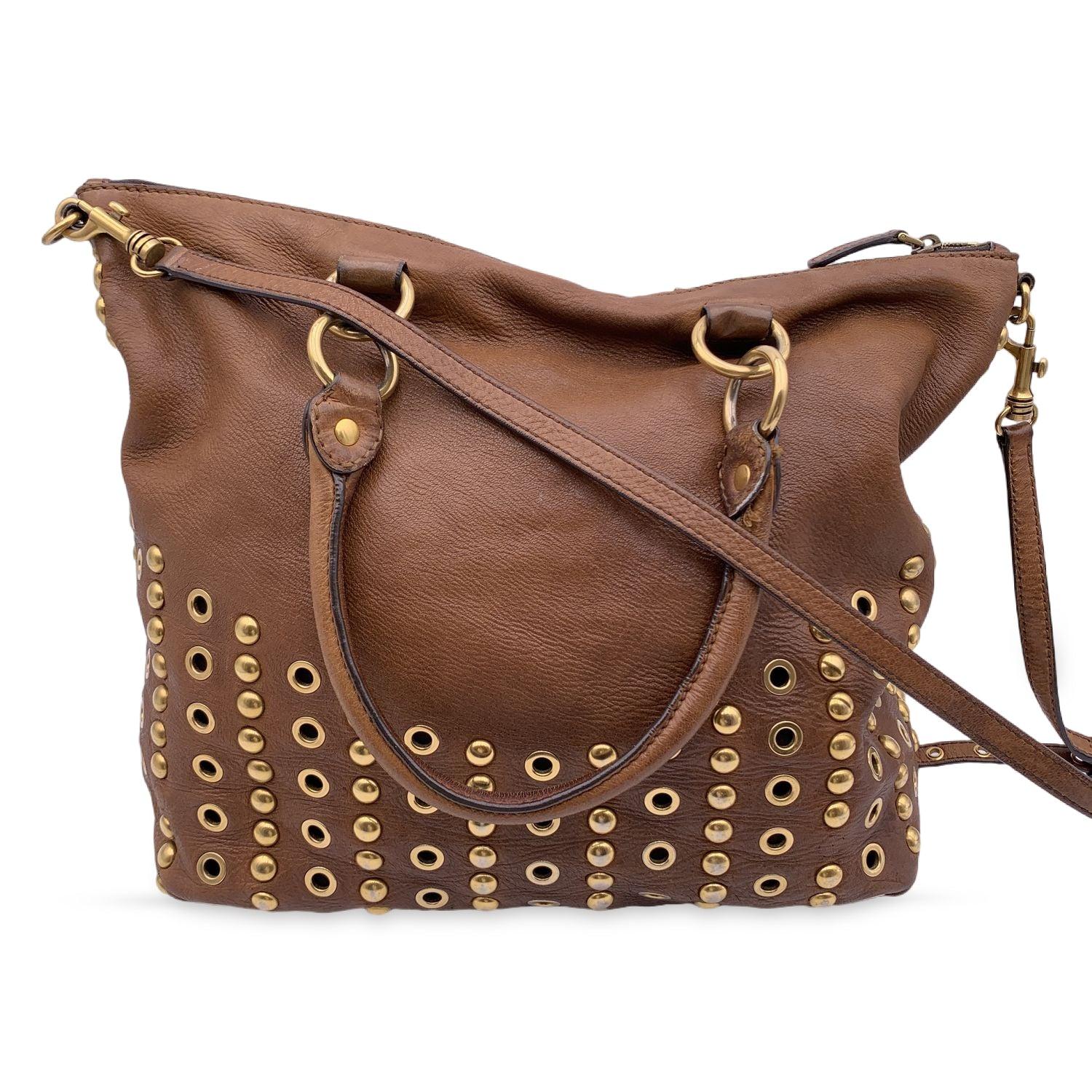 Women's Miu Miu Brown Leather Studded Tote Bag with Shoulder Strap