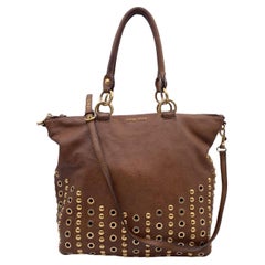 Miu Miu Brown Leather Studded Tote Bag with Shoulder Strap