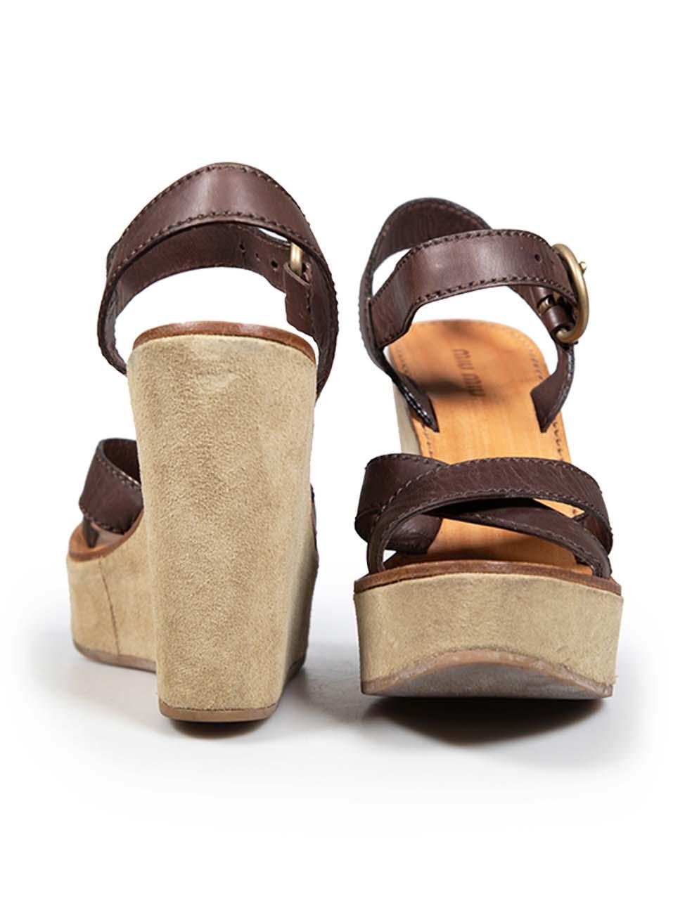 Miu Miu Brown Leather & Suede Wedge Sandals Size IT 37 In Good Condition In London, GB