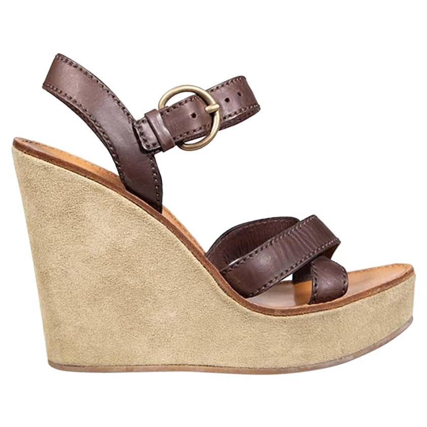 Miu Miu Brown Leather 
Suede Wedge Sandals Size IT 37