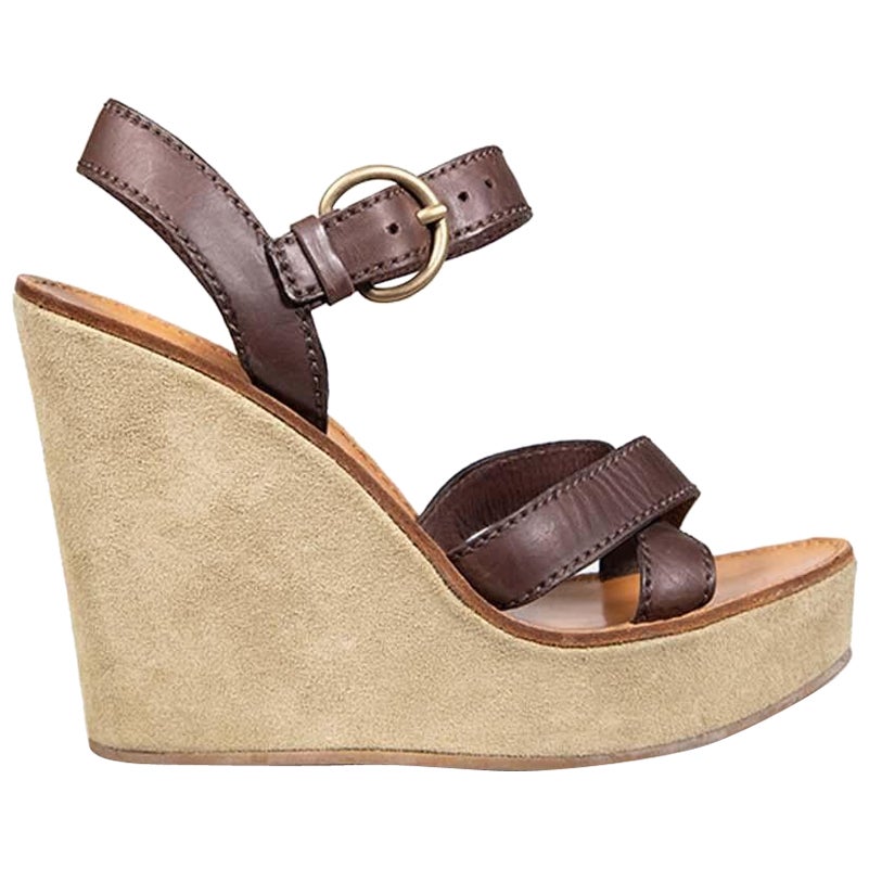 Miu Miu Brown Leather 
Suede Wedge Sandals Size IT 37