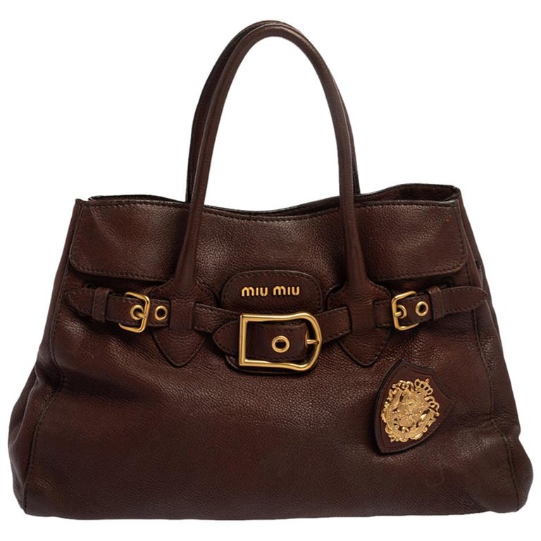 Miu Miu Brown Leather Unity is Strength Pin Tote For Sale at 1stDibs