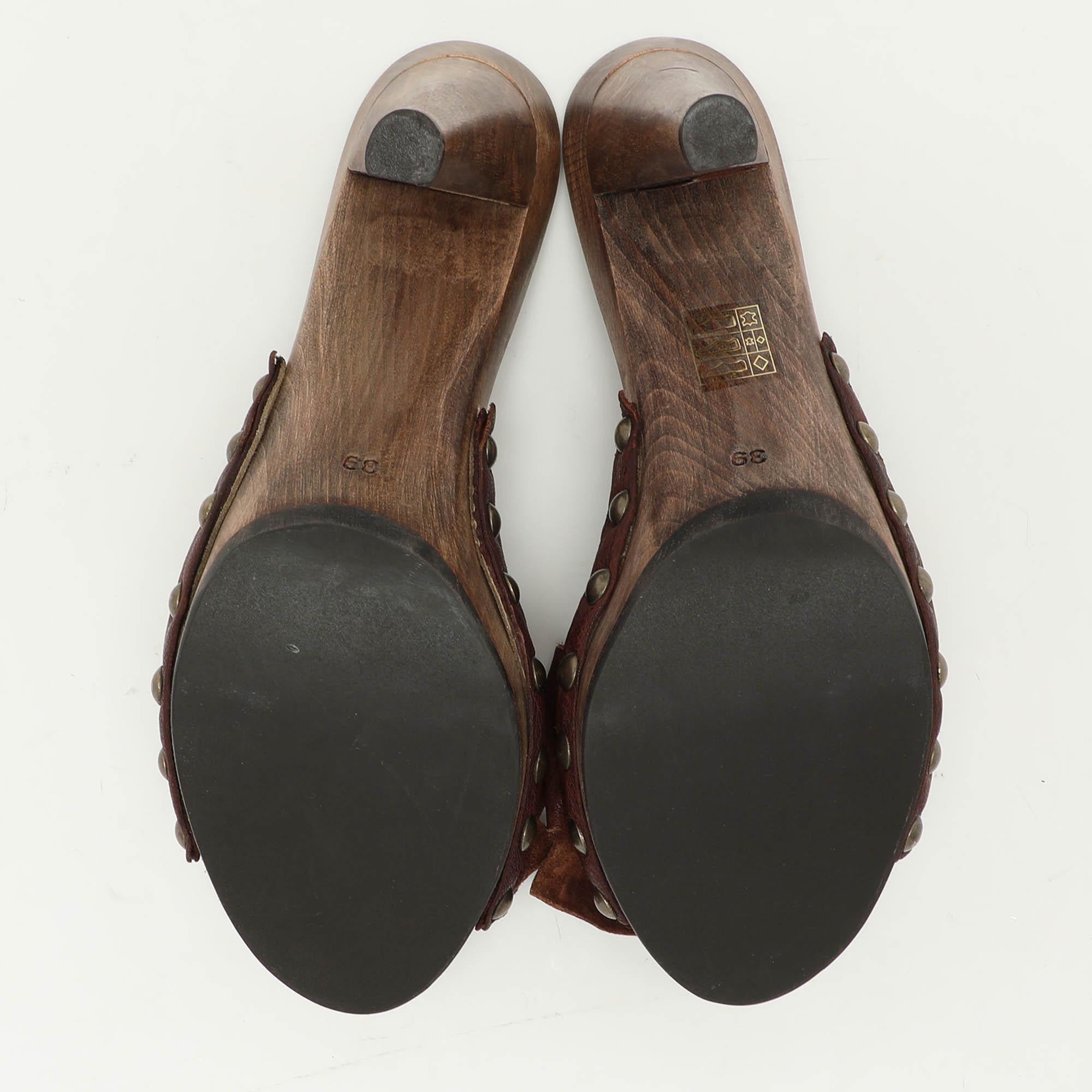 Miu Miu Brown Leather Wooden Clog Slide Sandals Size 39 en vente 1