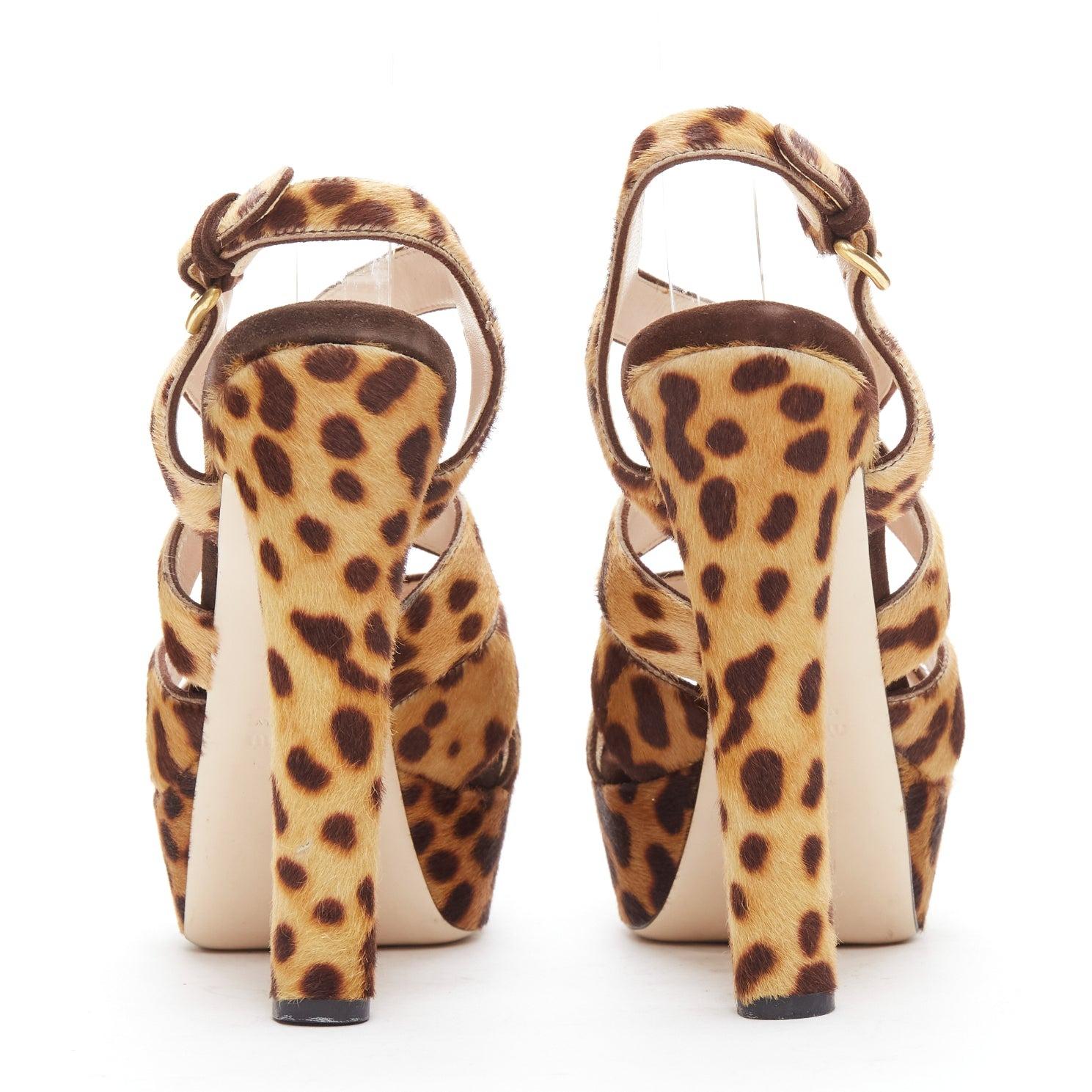 Women's MIU MIU brown leopard print pony hair strappy platform heels EU37.5 For Sale