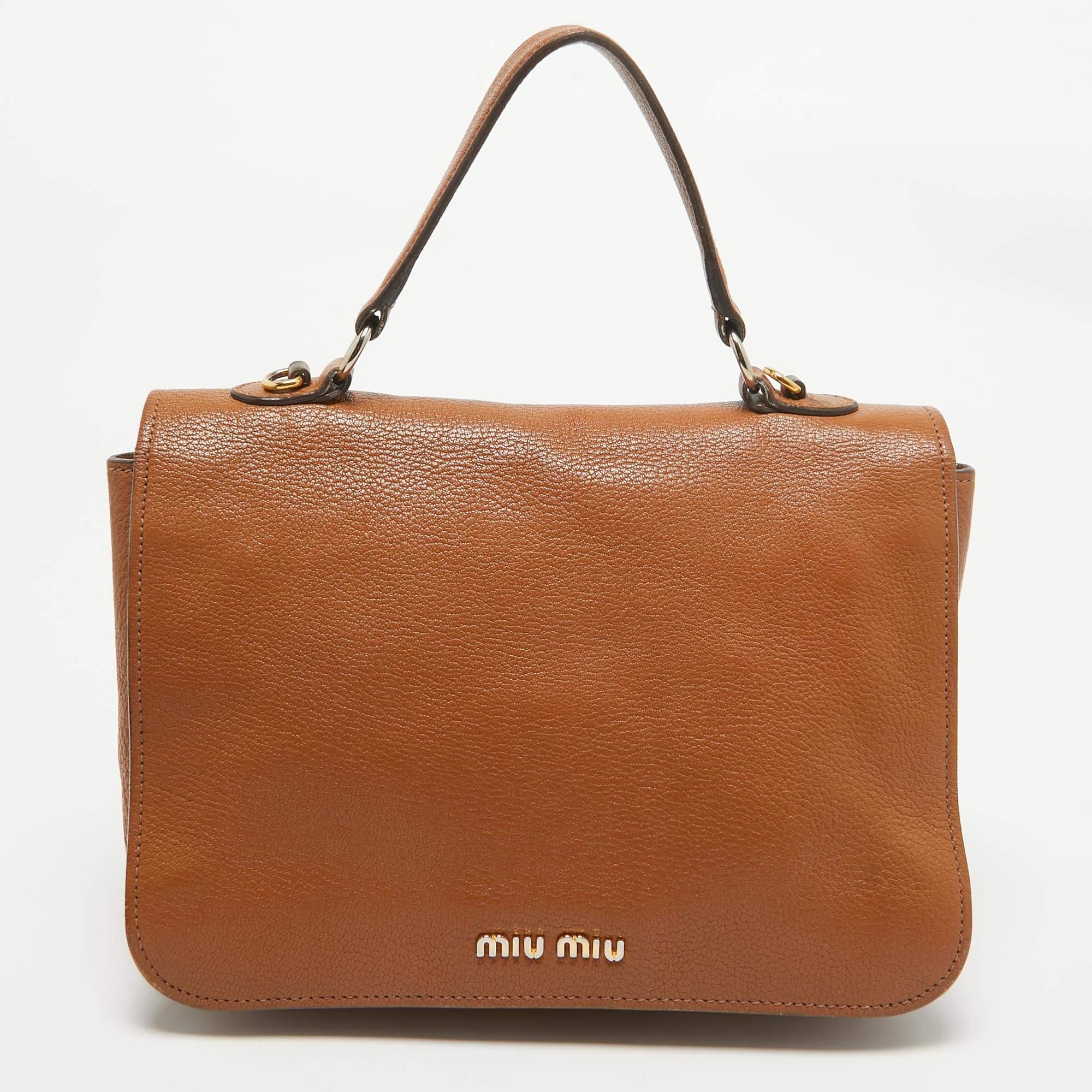 Miu Miu Borsa Pushlock in pelle marrone Madras con manico superiore In condizioni discrete a Dubai, Al Qouz 2