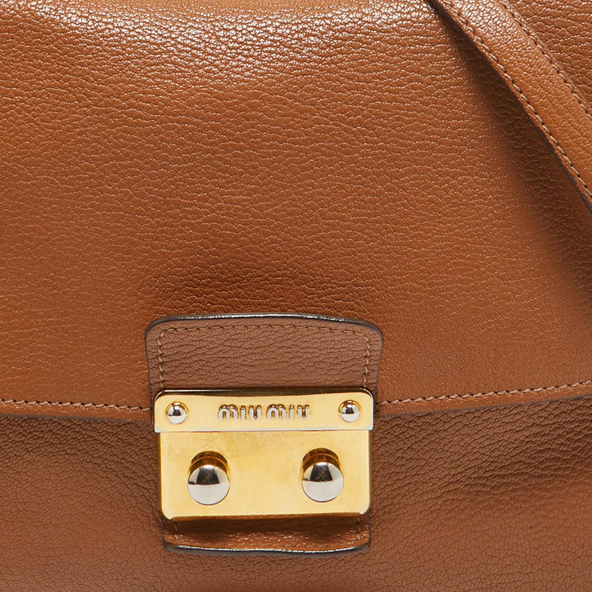 Donna Miu Miu Borsa Pushlock in pelle marrone Madras con manico superiore