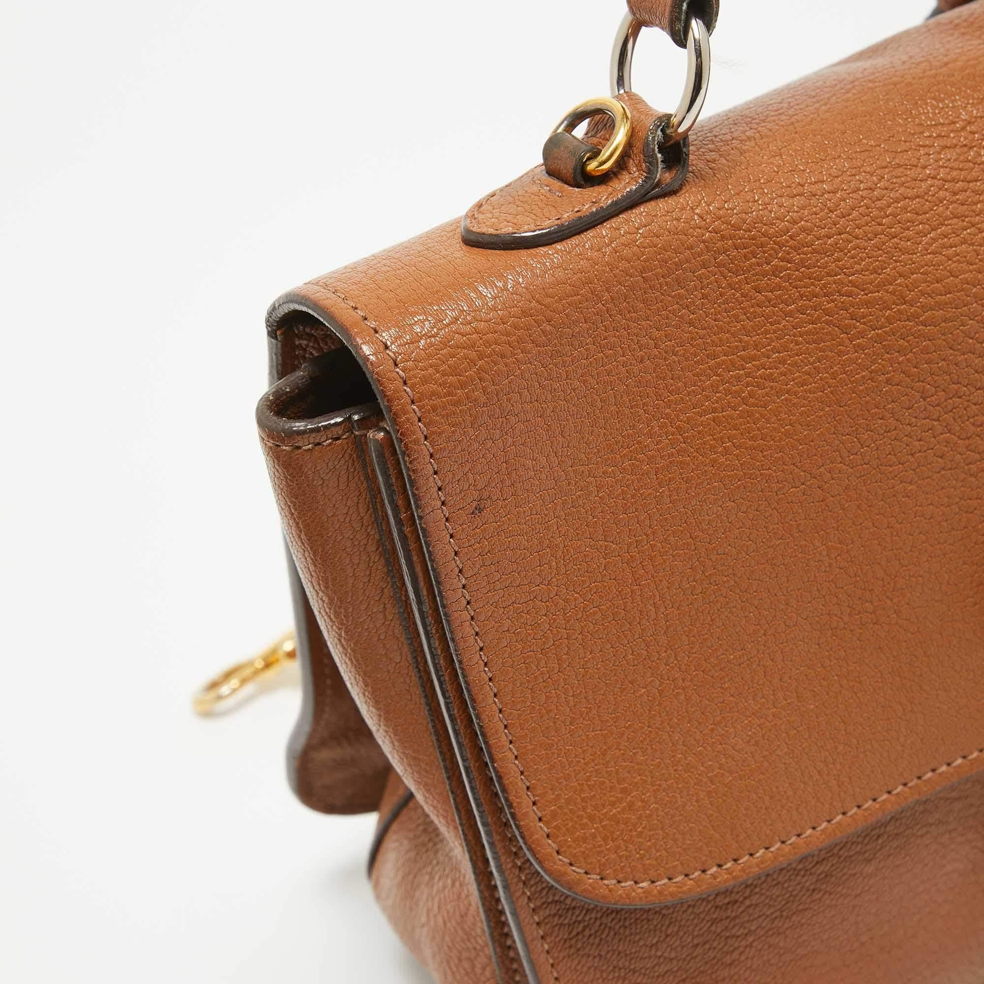 Miu Miu Borsa Pushlock in pelle marrone Madras con manico superiore 3