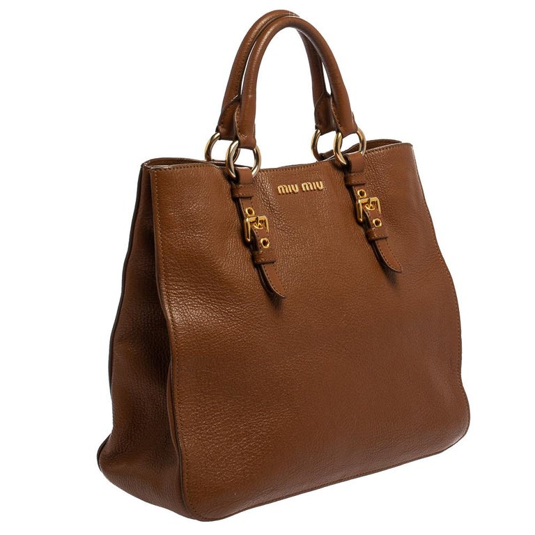 Miu Miu Brown Madras Leather Shopping Tote For Sale at 1stDibs