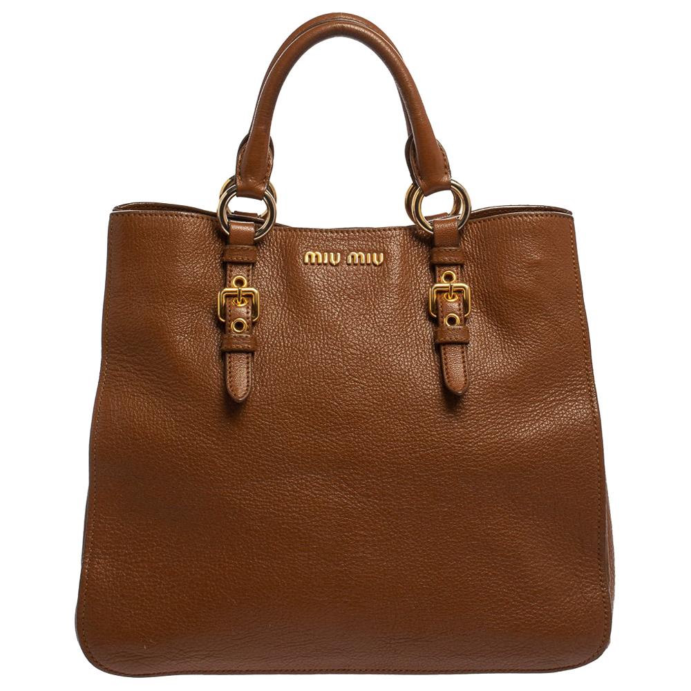 Miu Miu Brown Madras Leather Shopping Tote