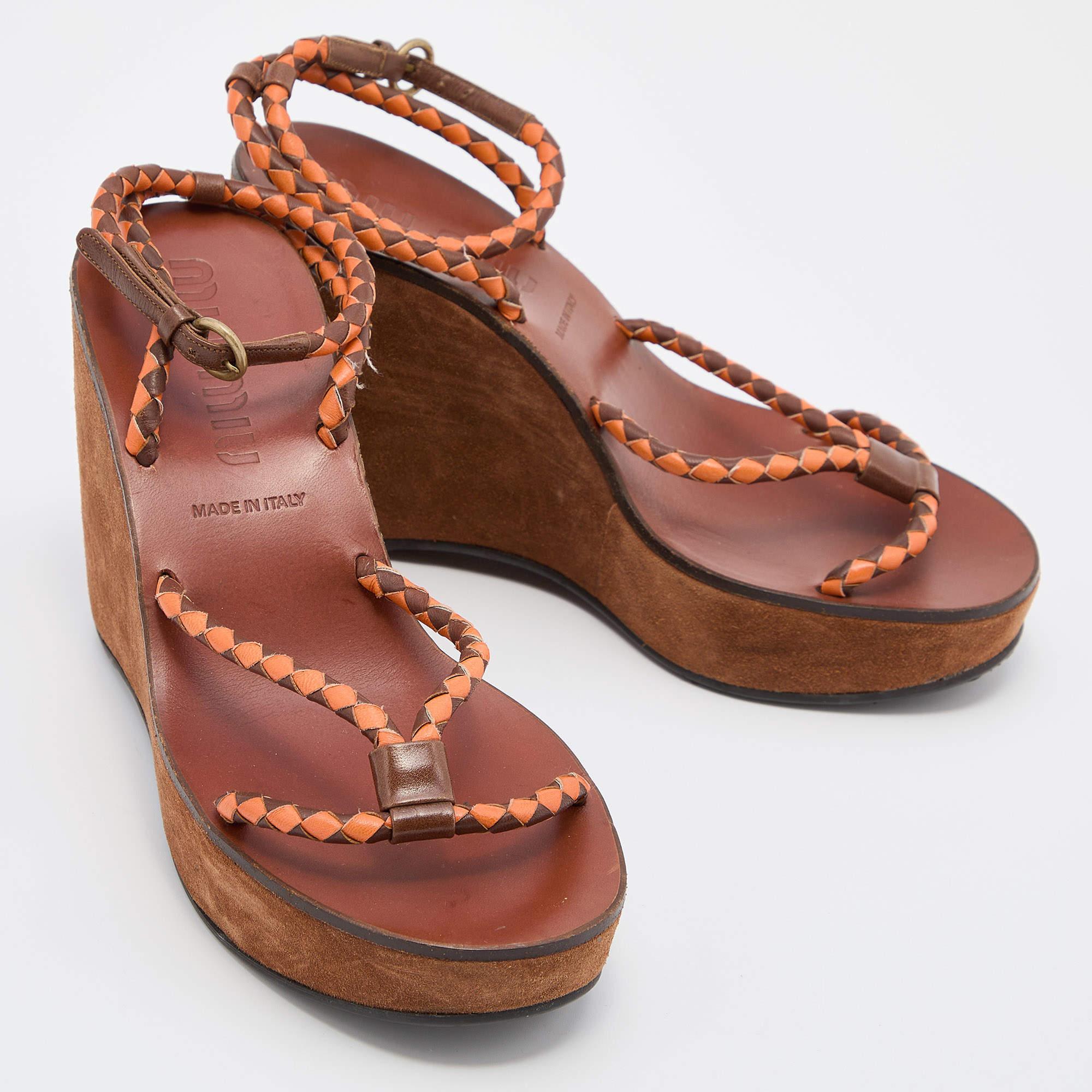 Women's Miu Miu Brown/Orange Leather Strappy Wedge Sandals Size 38 For Sale