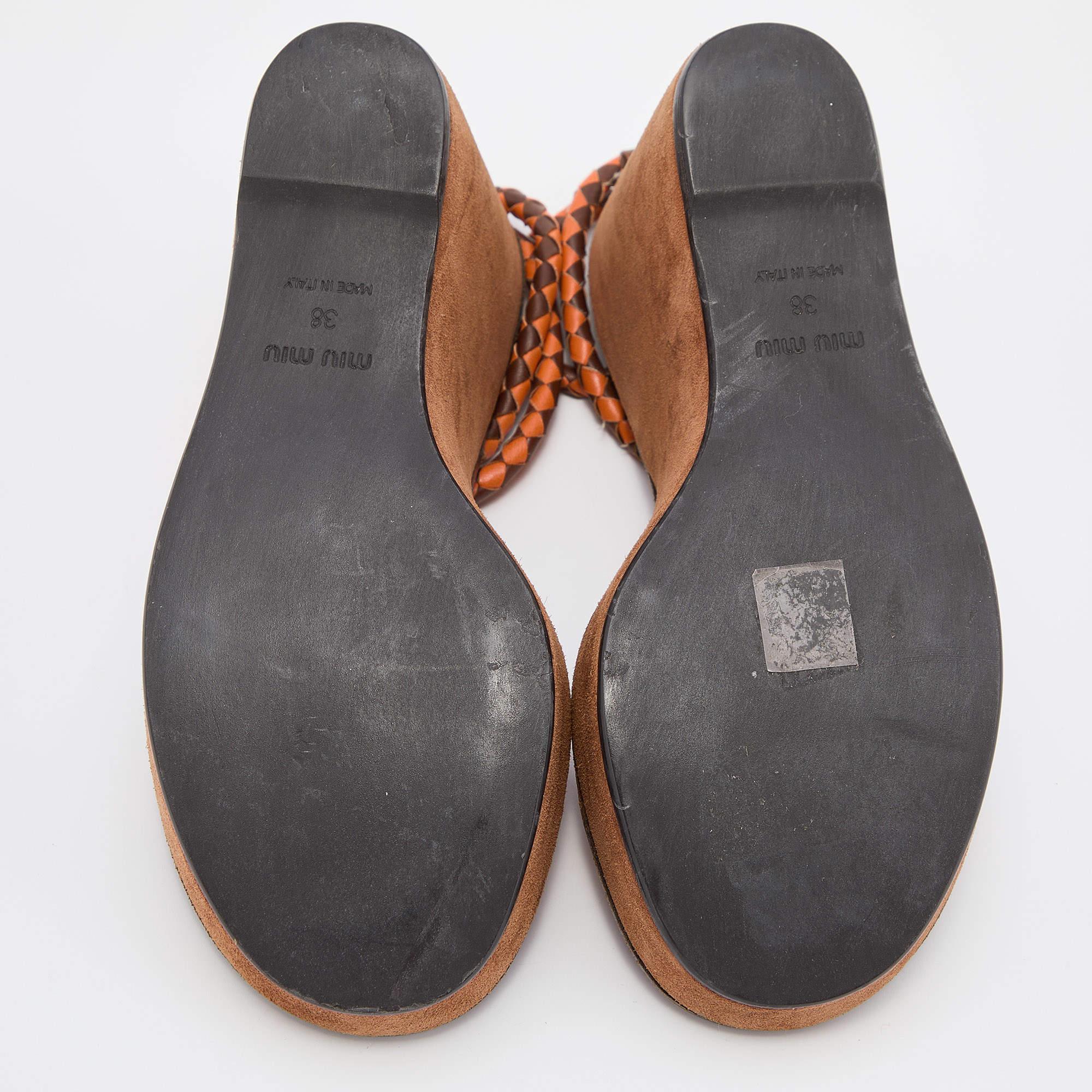 Miu Miu Brown/Orange Leather Strappy Wedge Sandals Size 38 For Sale 2
