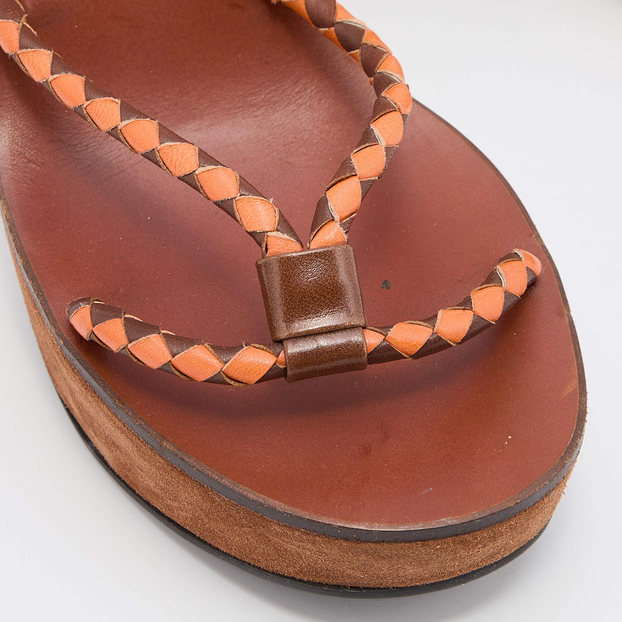 Miu Miu Brown/Orange Leather Strappy Wedge Sandals Size 38 For Sale 3