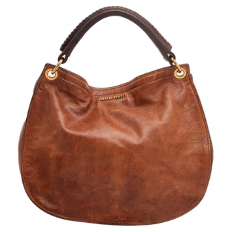 Marron Miu Miu - Sac à main en cuir et autruche - marron en vente