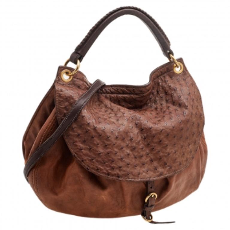 Miu Miu - Sac à main en cuir et autruche - marron État moyen - En vente à Dubai, Al Qouz 2