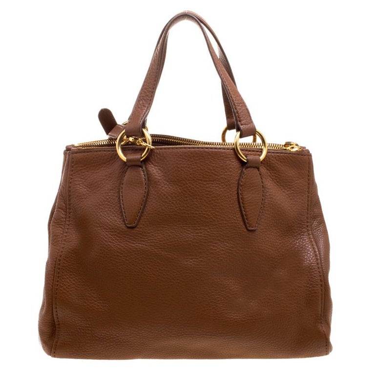 Miu Miu Brown Pebbled Leather Double Zip Convertible Tote For Sale at ...
