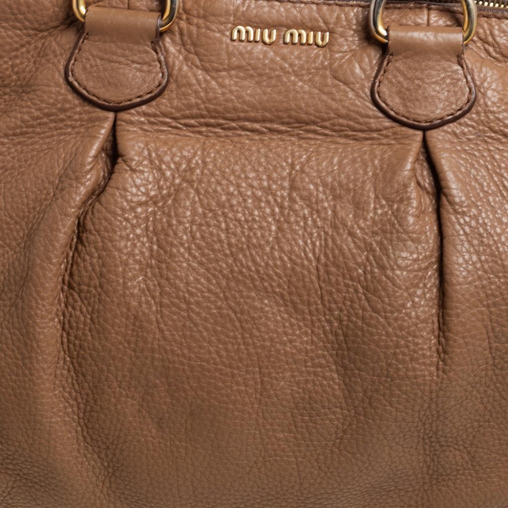 Miu Miu Brown Pebbled Leather Double Zip Tote For Sale 3