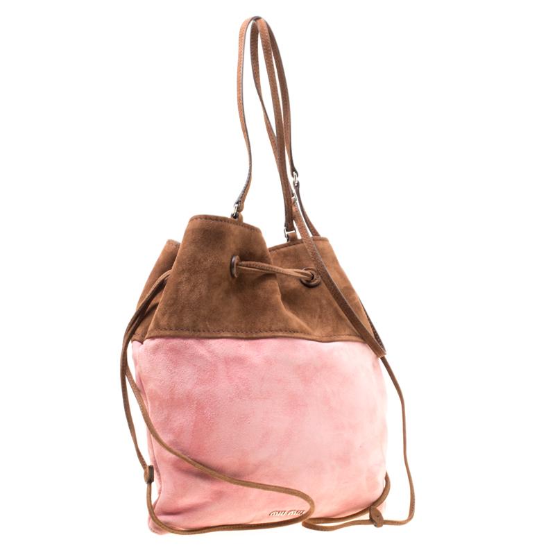Women's Miu Miu Brown/Pink Suede Drawstring Bucket Bag