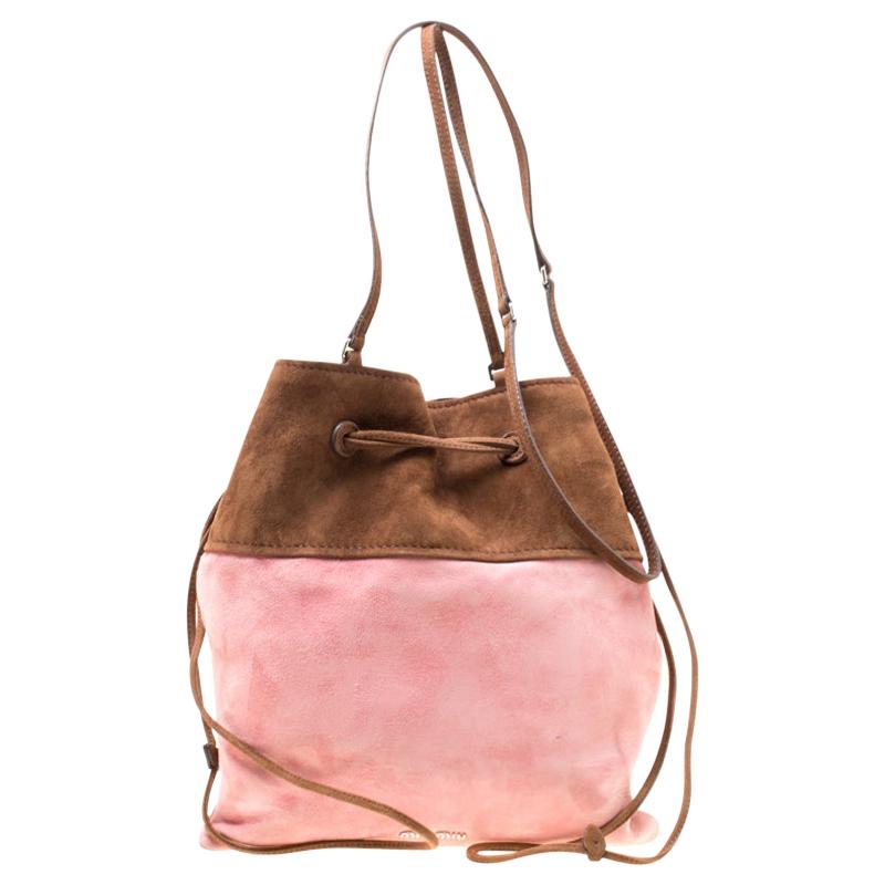 Miu Miu Brown/Pink Suede Drawstring Bucket Bag