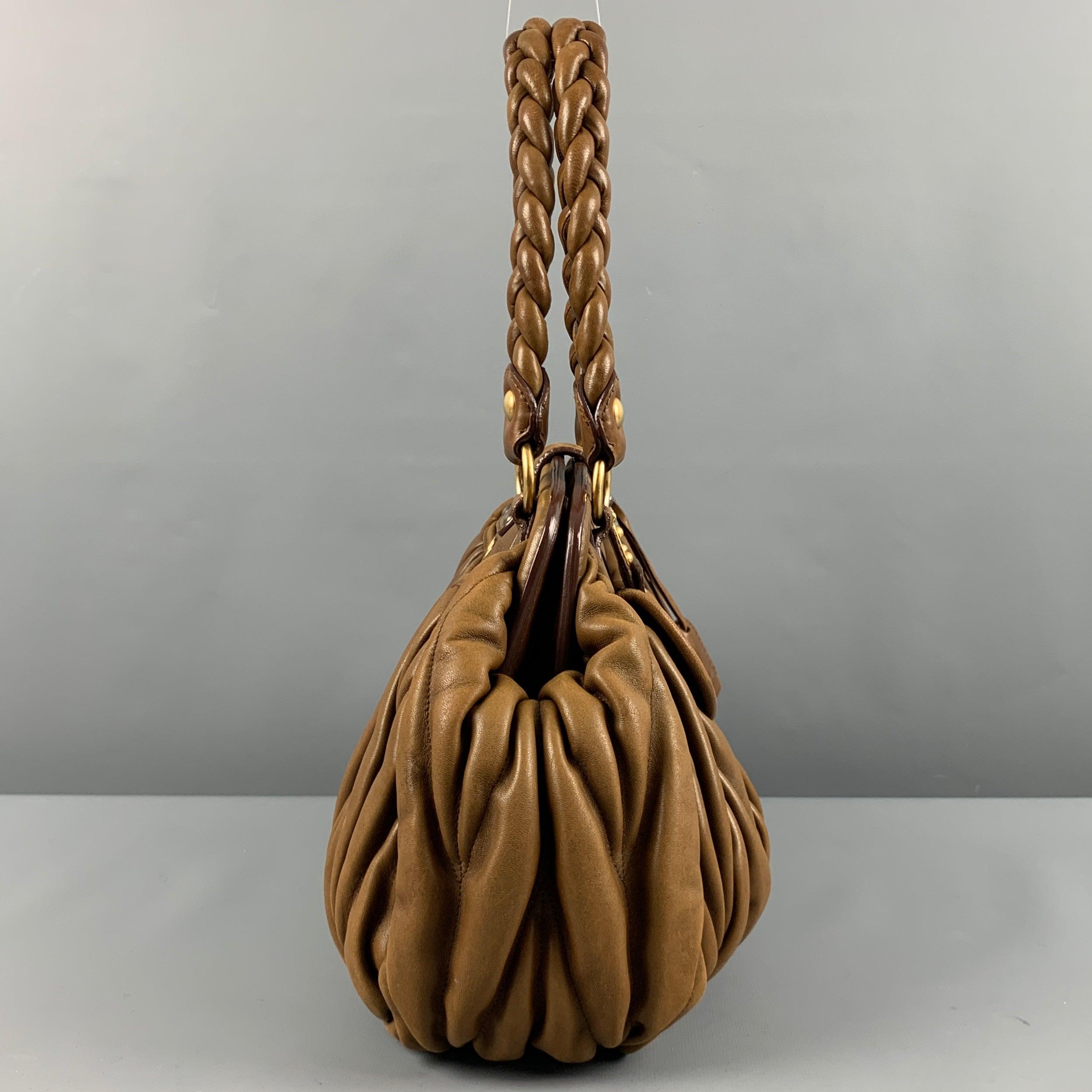 MIU MIU Brown Ruched Leather Top Handles Handbag In Good Condition For Sale In San Francisco, CA
