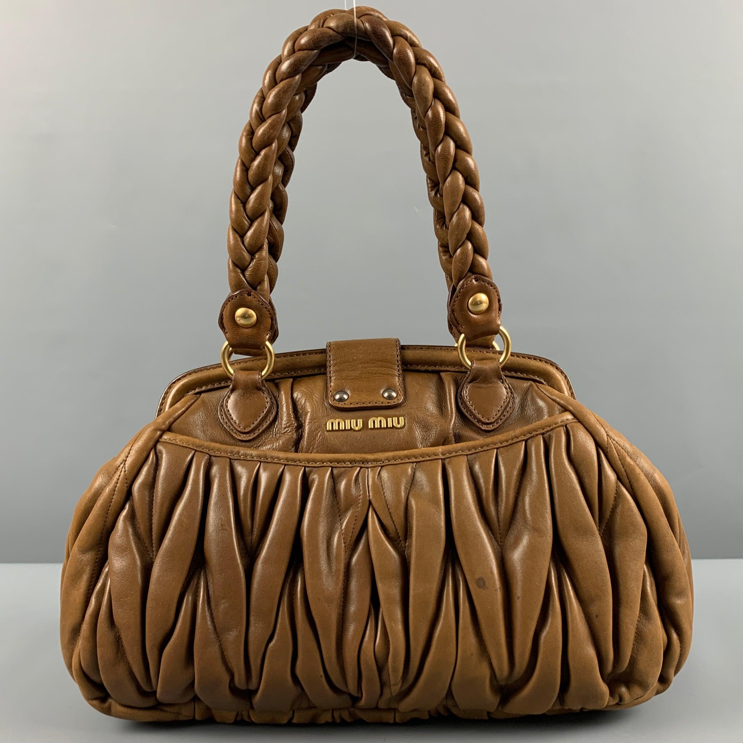 Men's MIU MIU Brown Ruched Leather Top Handles Handbag For Sale
