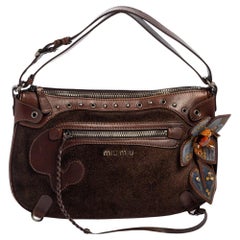 Miu Miu Brown Suede and Leather Floral Applique Western Hobo