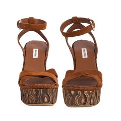 MIU MIU brown suede CARVED PLATFORM WEDGE Sandals Shoes 38.5
