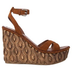 MIU MIU brown suede CARVED PLATFORM WEDGE Sandals Shoes 38.5
