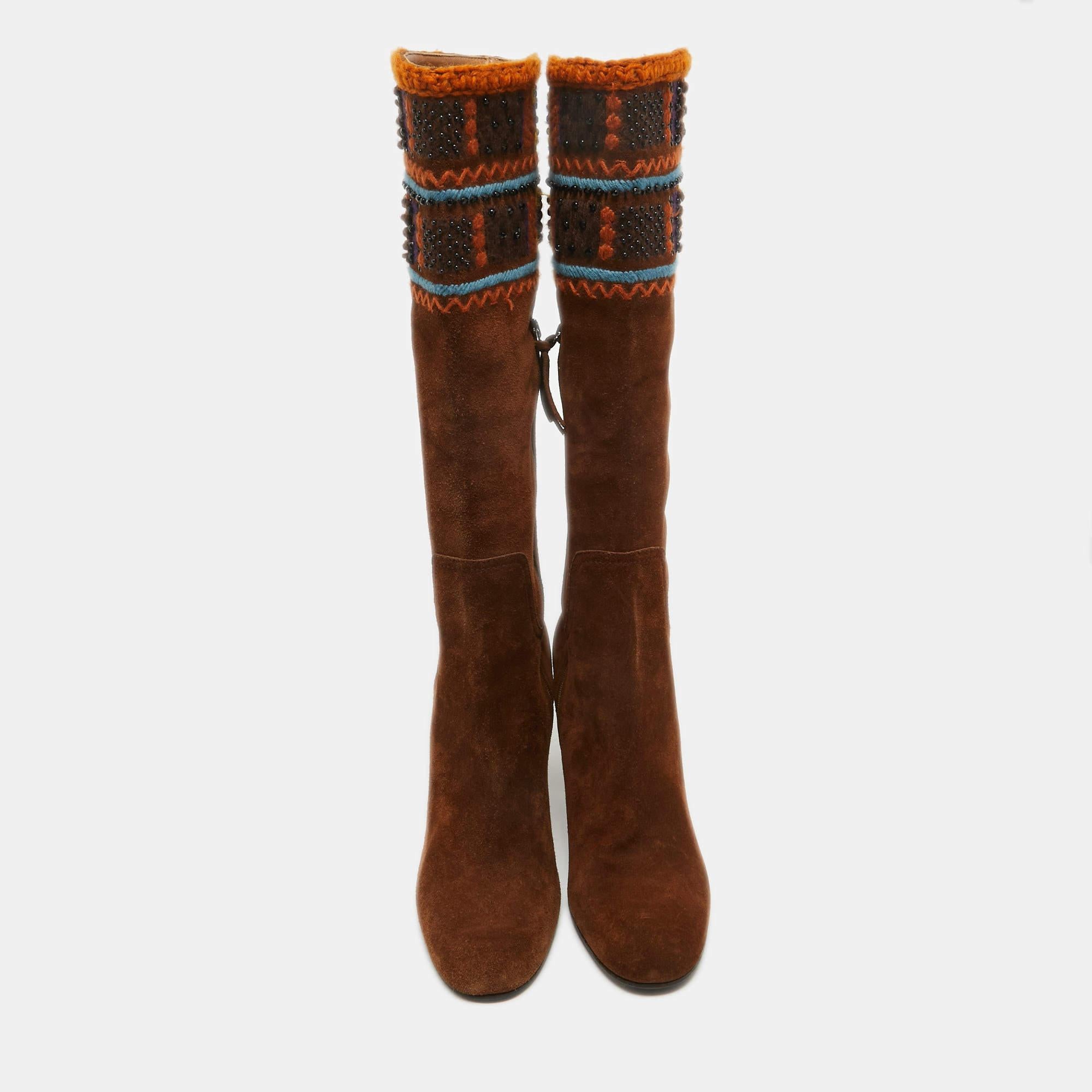 Miu Miu Brown Suede Embellished Knee Length Boots Size 40.5 In Good Condition For Sale In Dubai, Al Qouz 2