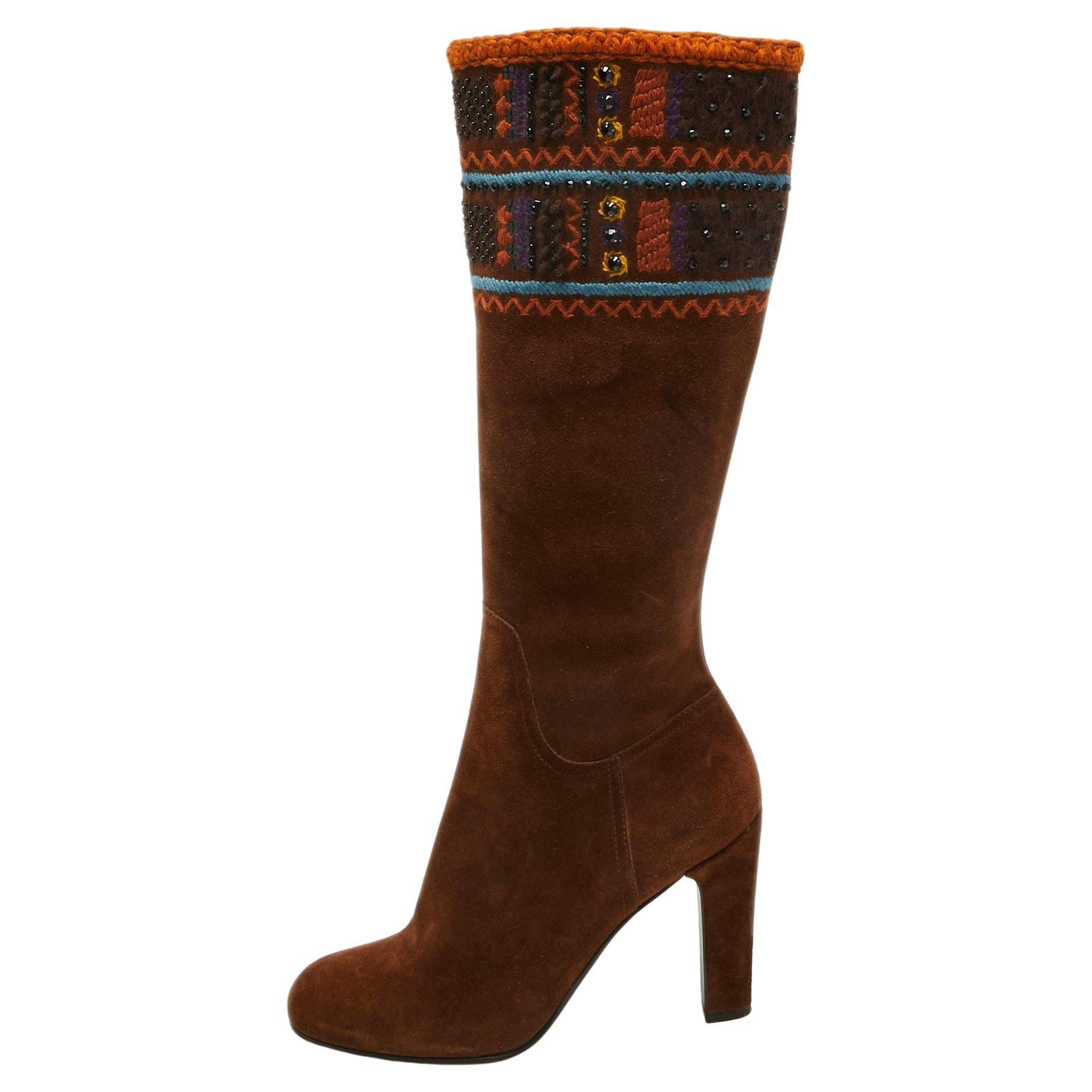 Miu Miu Brown Suede Embellished Knee Length Boots Size 40.5 For Sale