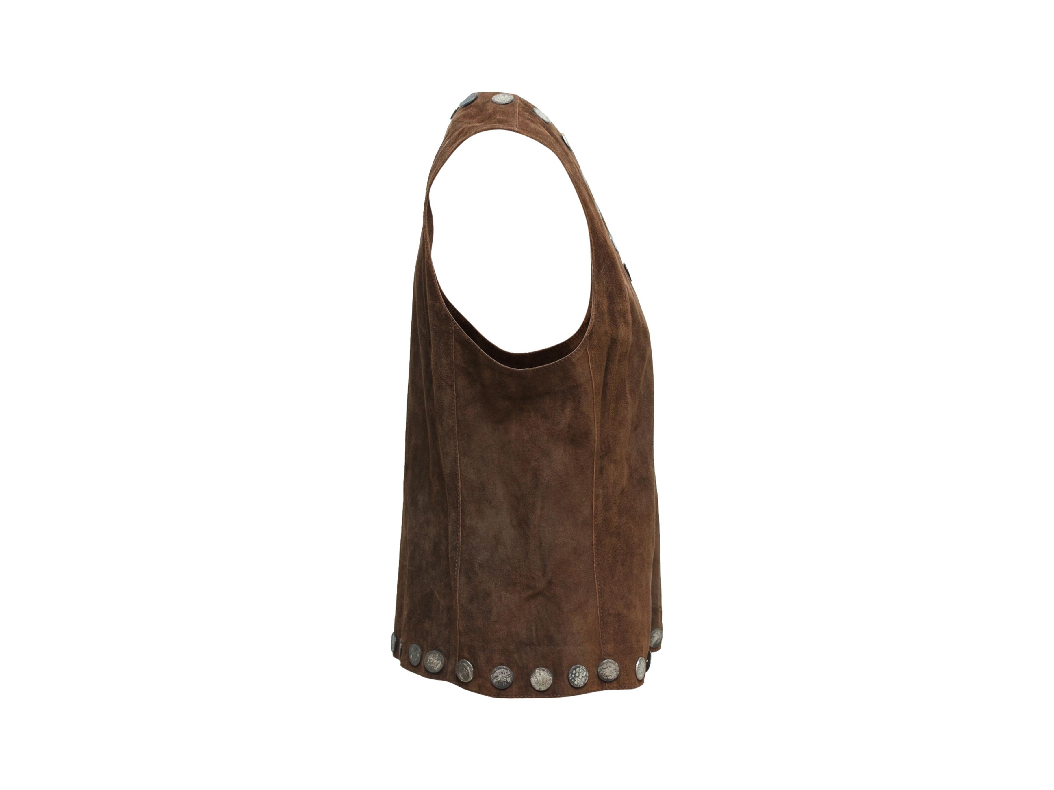 Product details: Brown suede leather vest by Miu Miu. V-neckline. Tonal stitching. Silver-tone coin embellishment trim throughout. Designer size IT44. 40