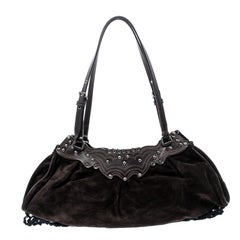 Miu Miu Brown Suede Flower Embroidered Shoulder Bag