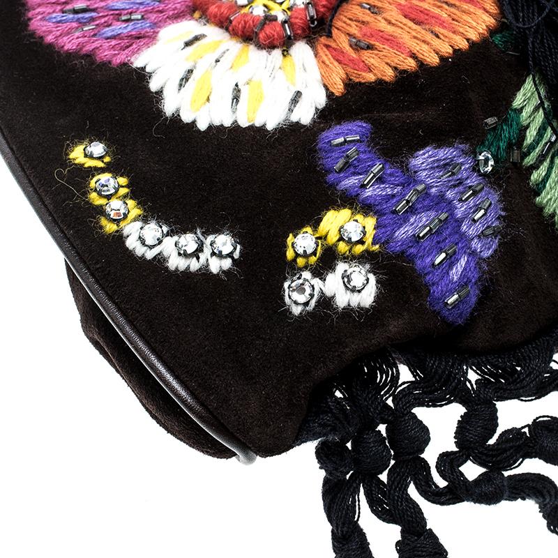 Miu Miu Brown Suede Flower Embroidered Shoulder Bag 2