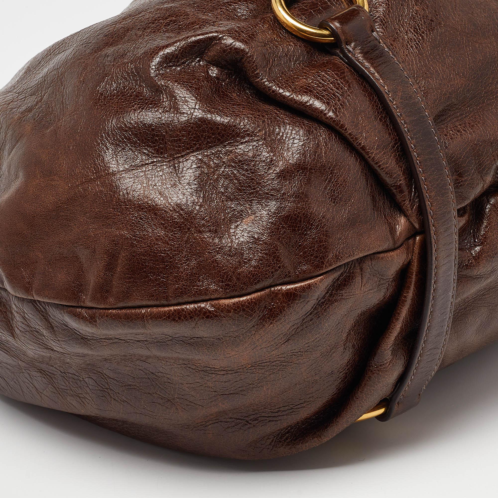Miu Miu Brown Vitello Shine Leather Gathered Hobo 6