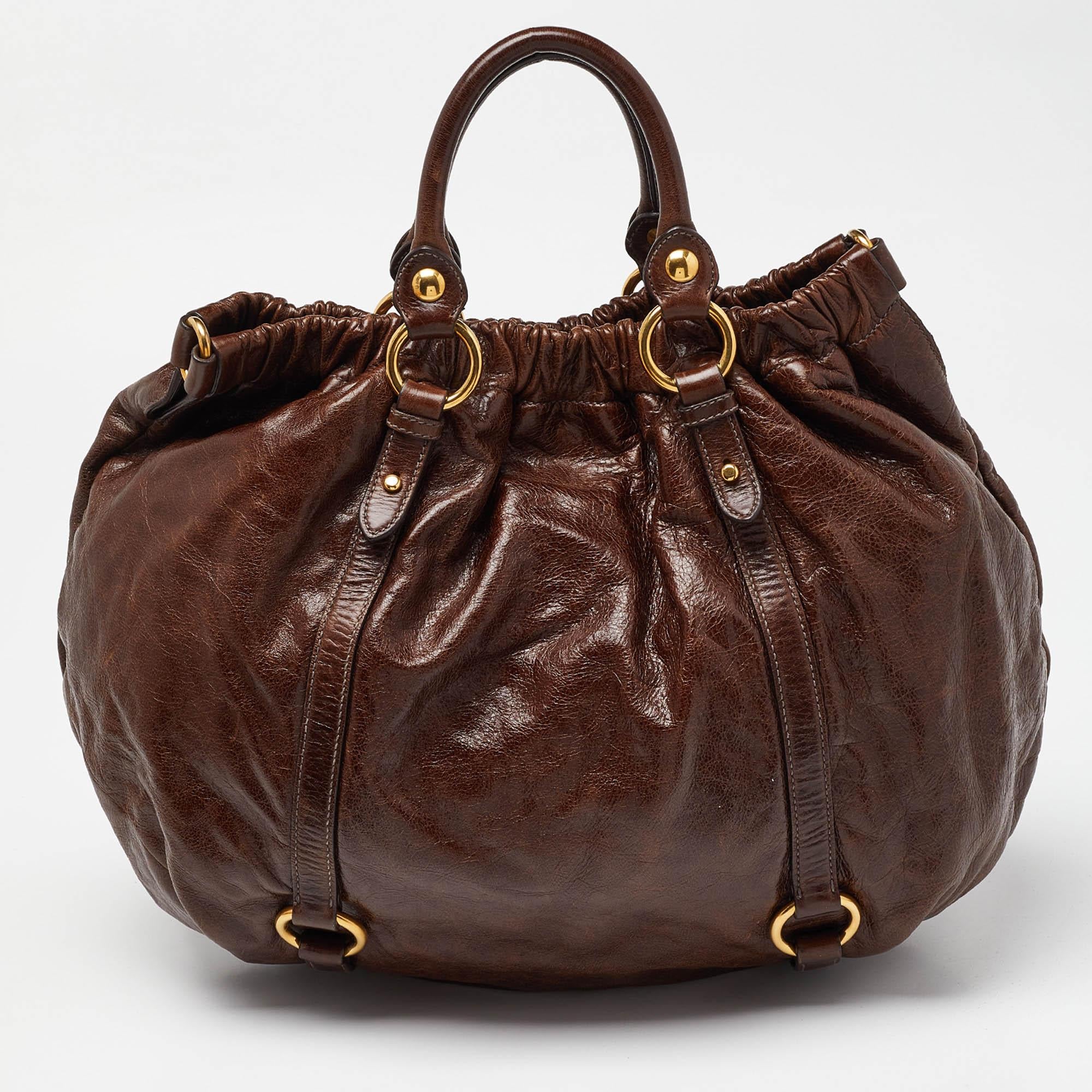 Women's Miu Miu Brown Vitello Shine Leather Gathered Hobo