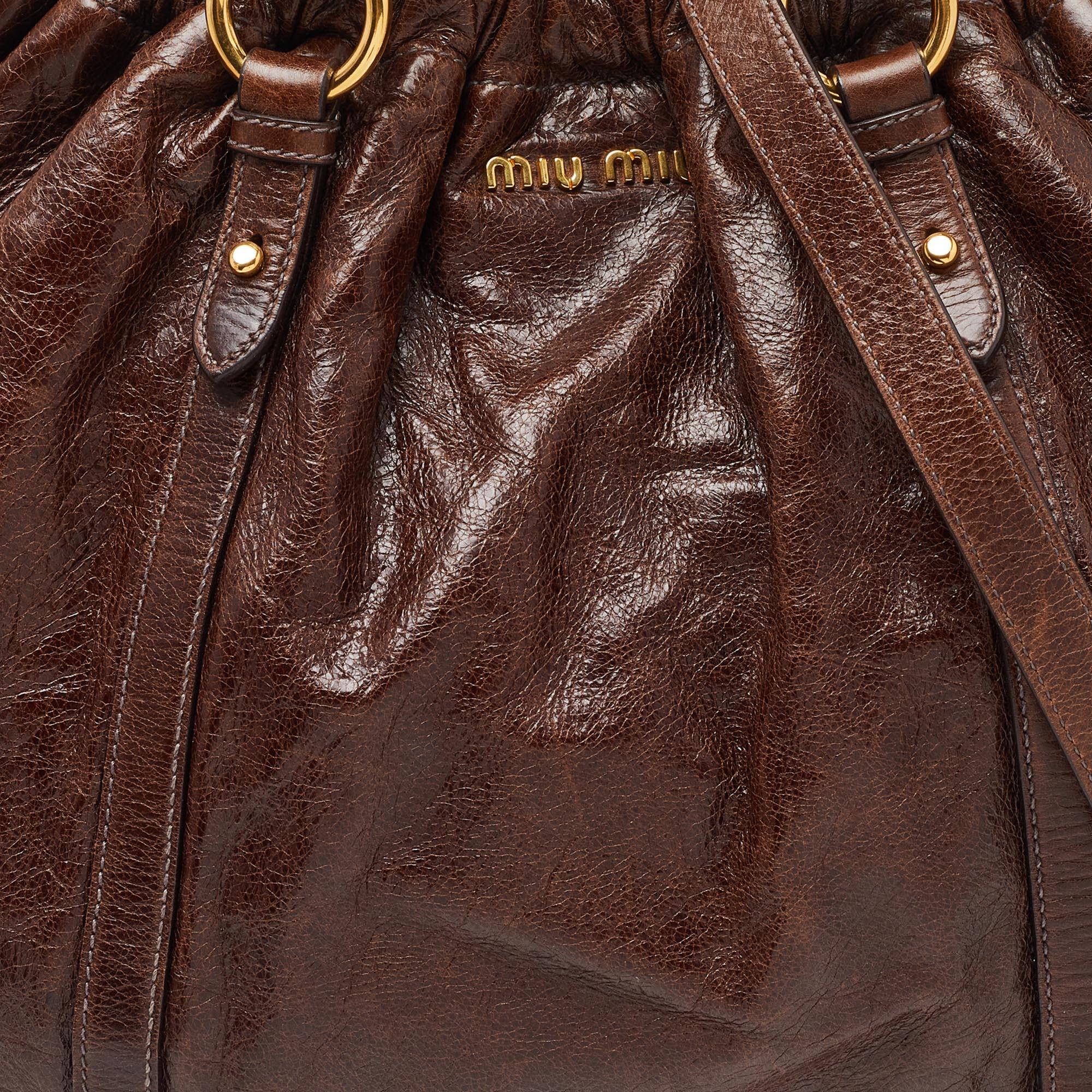 Miu Miu Brown Vitello Shine Leather Gathered Hobo 1