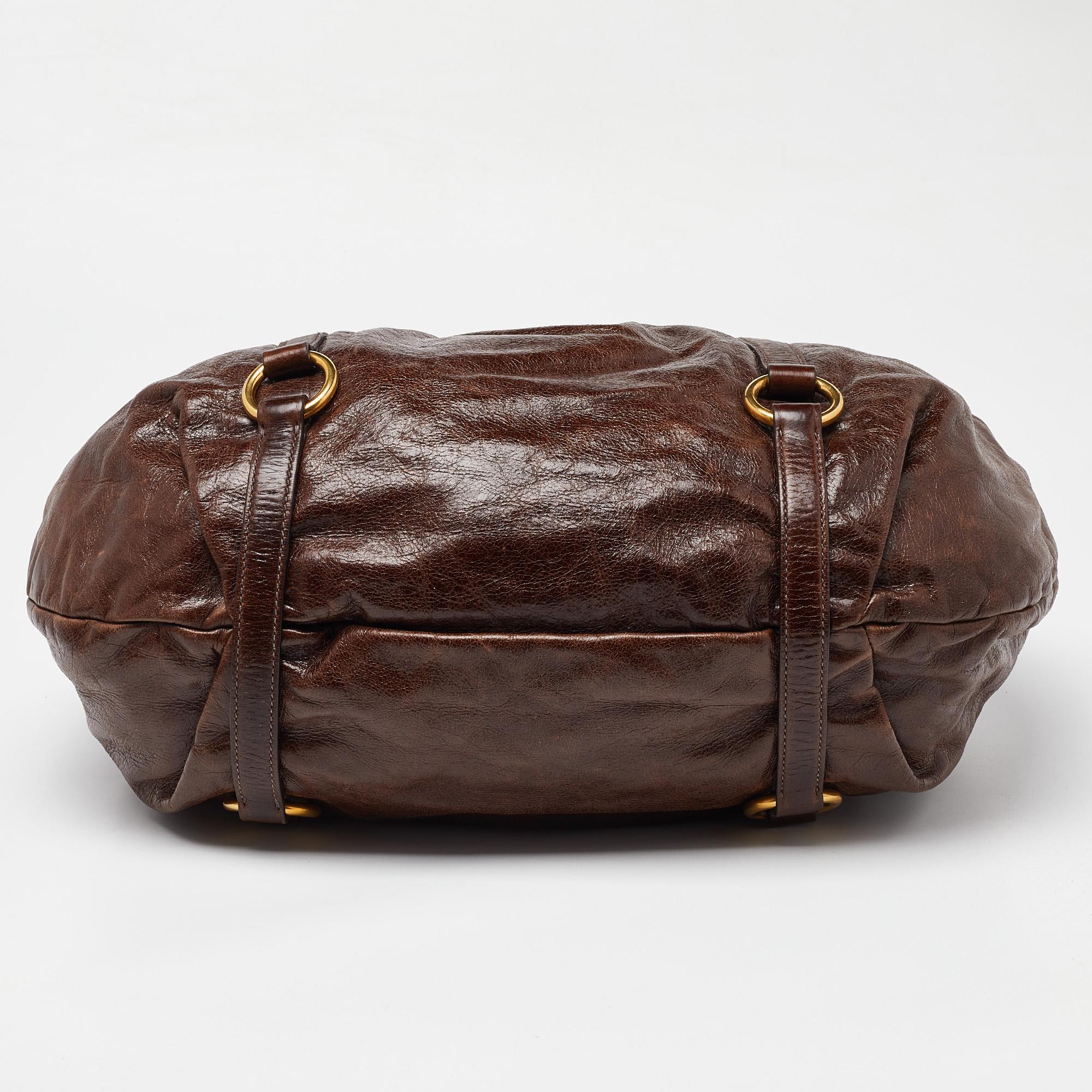 Miu Miu Brown Vitello Shine Leather Gathered Hobo 2