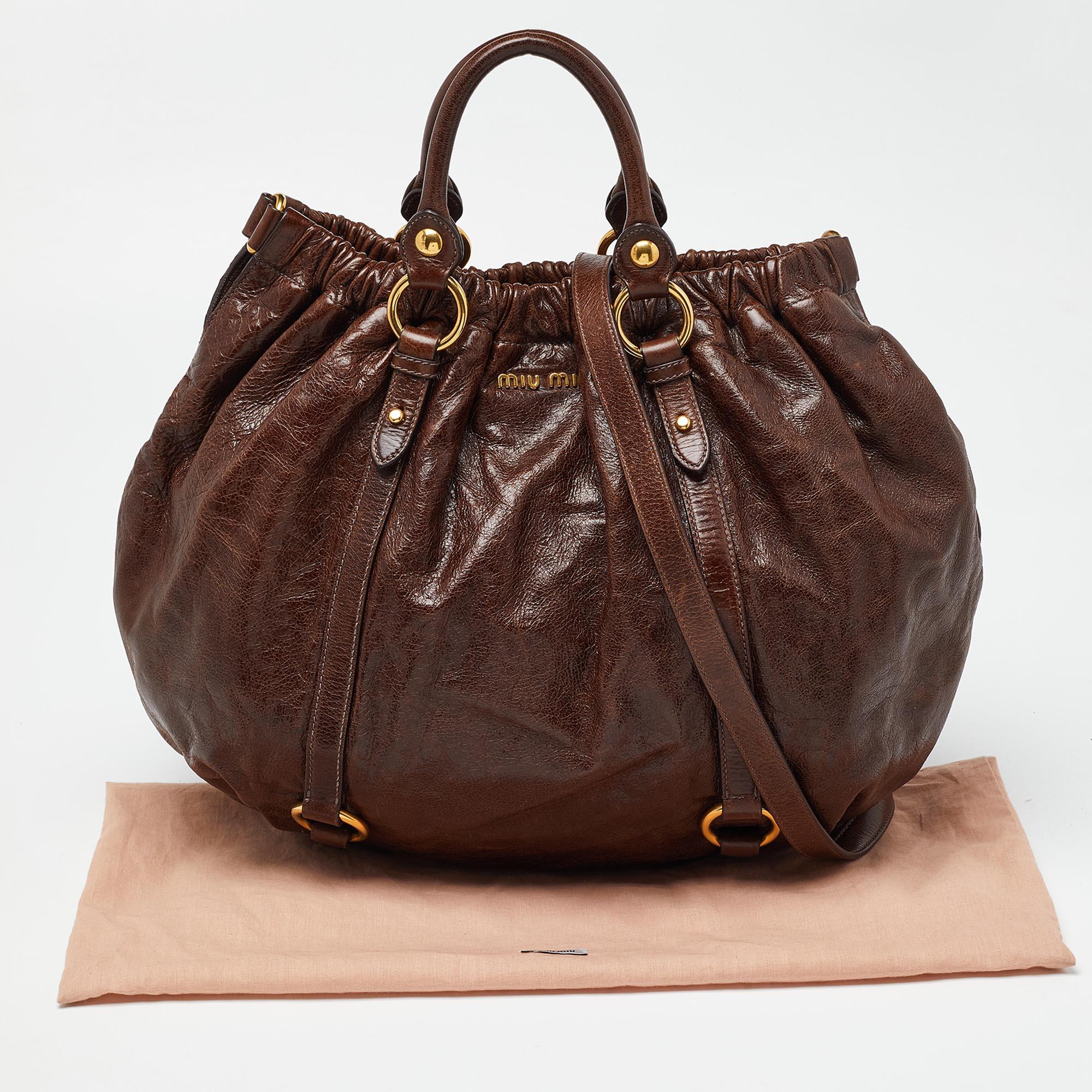 Miu Miu Brown Vitello Shine Leather Gathered Hobo 5