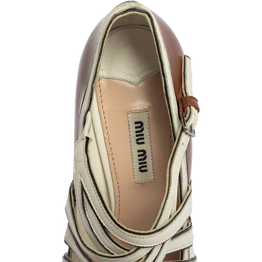 Women's Miu Miu Brown/White Leather Mary Jane Strap Pumps Size 38